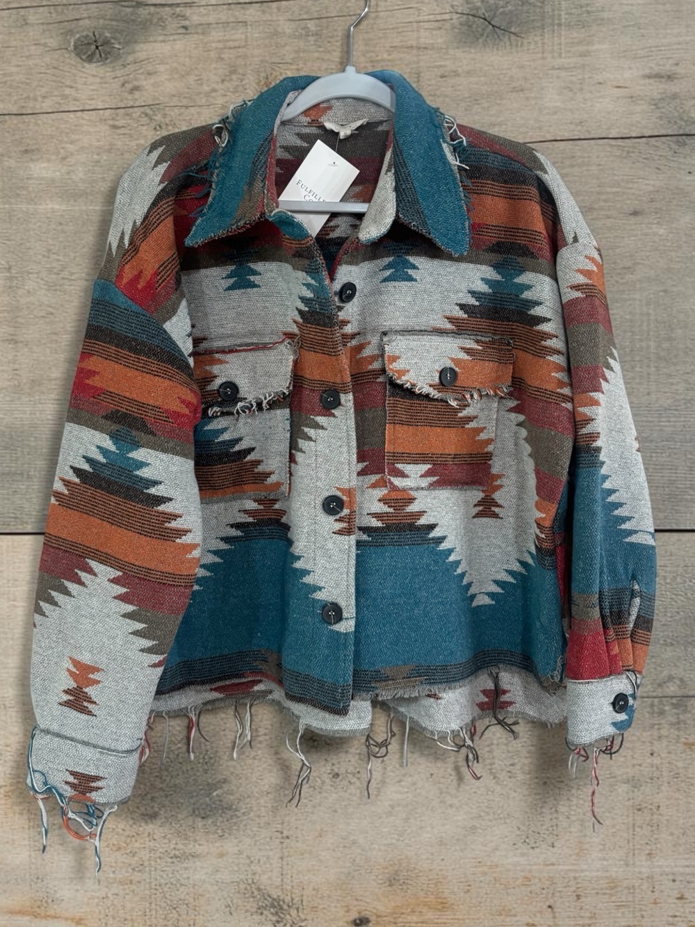 Women’s western Southwestern Pattern Cropped Jean Jacket - Teal, Rust & Cream